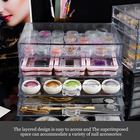 Phenofice Fake Nails Organizer White Clear Drawer Case for Nail Tips Sequins and Small Accessories