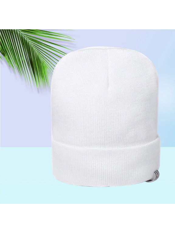 White Knitted Beanie Hat with Ring Cuff Warm Winter Hat for Men and Women Outdoor Use