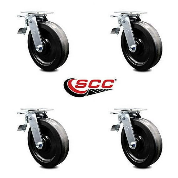 Phenolic Swivel Top Plate Casters Set of 4 Heavy Duty with 8 Inch Wheels - Includes 4 Swivel with Total Lock Brakes – 5,000 lbs. Total Capacity - Service Caster Brand