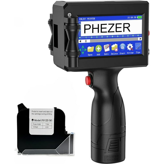 Phezer Handheld Inkjet Printer for Any Surface, 1inch/25.4mm P15-1 Model for QRCode Barcode Production Date Time Logo Batch Number Print On Glass Bag Carton Box Wood Cloth Plastic Cable