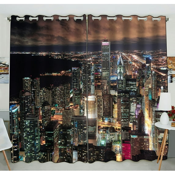 Phfzk City Window Curtain, Chicago Urban Skyline Panorama View With Skyscrapers And Cloudy Sky At Dusk Window Curtain Blackout Curtain For Bedroom Living Room Kitchen Room 52X84 Inches Two Piece