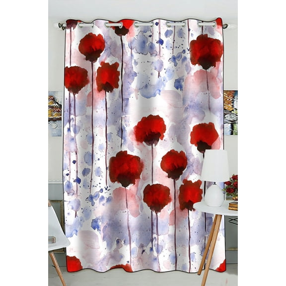 Phfzk Flower Window Curtain, Watercolor Floral Poppies In The Spring Season Painting Red Window Curtain Blackout Curtain For Bedroom Living Room Kitchen Room 52X84 Inches One Piece