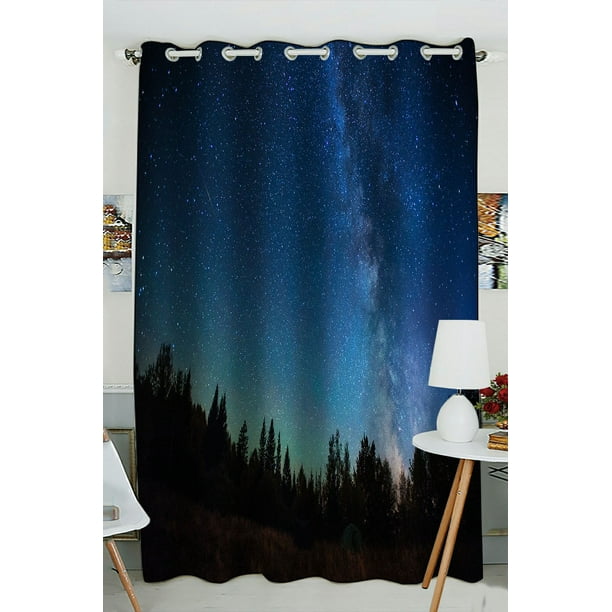Phfzk Milky Way Celestial Window Curtain, Night Sky Forest Tree Window ...