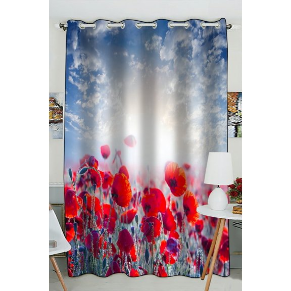 Phfzk Poppy Flower Window Curtain, Red Poppies Field Against The Cloudy Sky Window Curtain Blackout Curtain For Bedroom Living Room Kitchen Room 52X84 Inches One Piece
