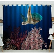 Phfzk Underwater Ocean Animal Window Curtain, Sea Turtle At The Coral Reef Window Curtain Blackout Curtain For Bedroom Living Room Kitchen Room 52X84 Inches Two Piece