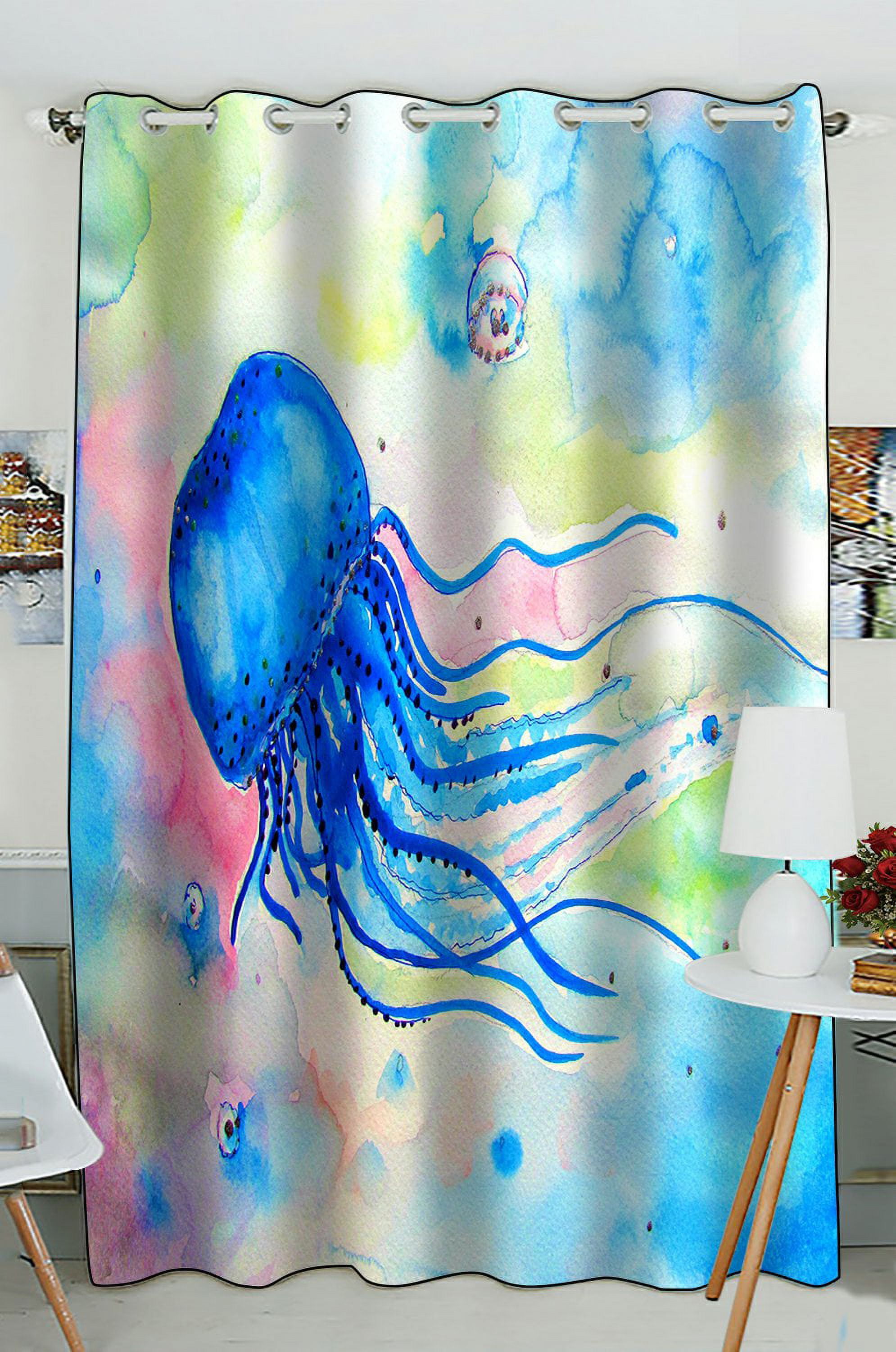Phfzk Watercolor Window Curtain, Tropcial Beach Sea Life With Jellyfish