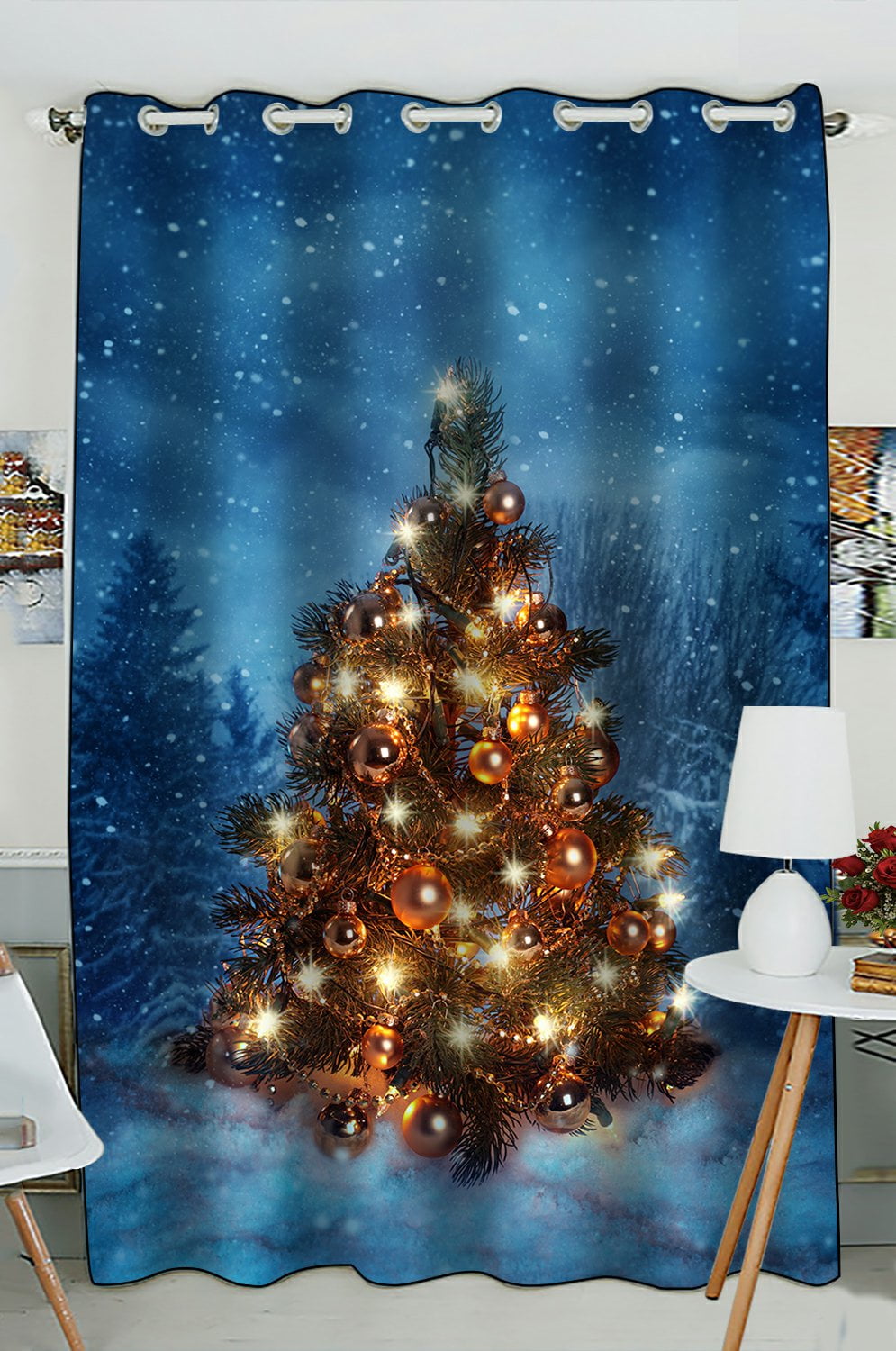 Phfzk Winter Landscape Window Curtain, Christmas Tree Window Curtain