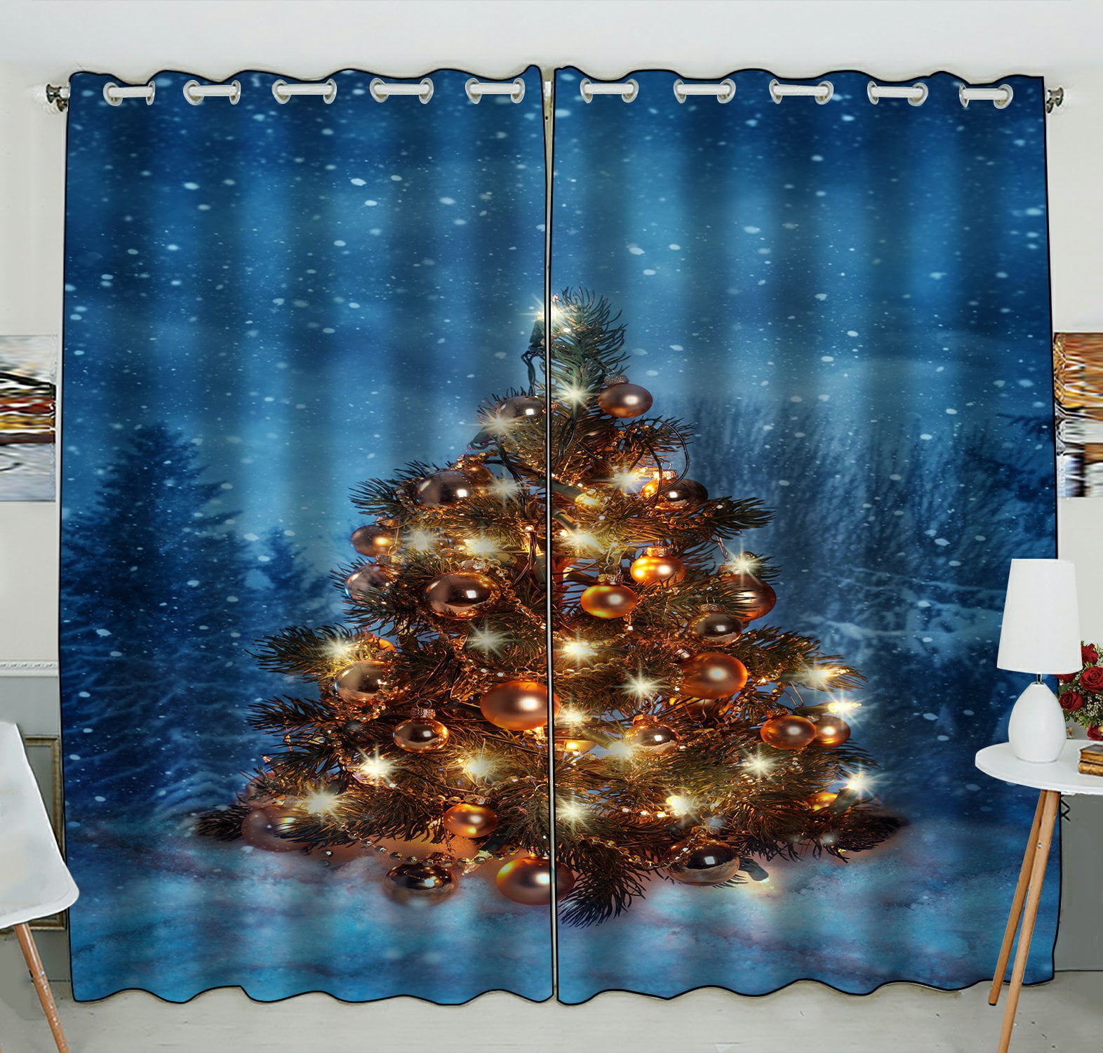 Phfzk Winter Landscape Window Curtain, Christmas Tree Window Curtain