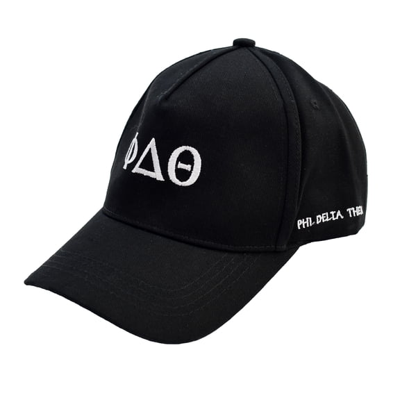 Phi Delta Theta Fraternity Baseball Cap - Brushed Cotton 5-Panel Black Hat, Adjustable Size, Embroidered Greek Letters and Fraternity Name in Print
