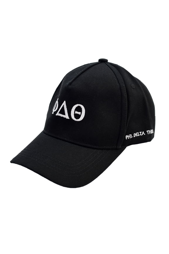 Phi Delta Theta Fraternity Baseball Cap - Brushed Cotton 5-Panel Black Hat, Adjustable Size, Embroidered Greek Letters and Fraternity Name in Print