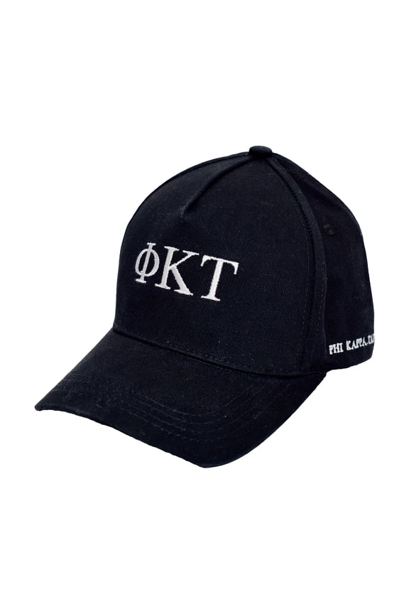 Phi Kappa Tau Fraternity Baseball Cap - Brushed Cotton 5-Panel Black Hat, Adjustable Size, Embroidered Greek Letters and Fraternity Name in Print