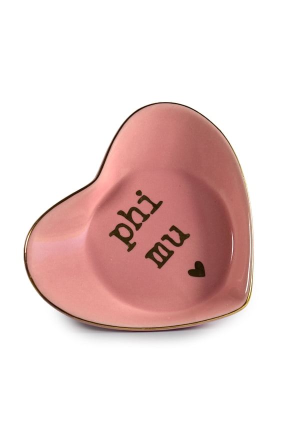 Phi Mu Jewelry Dish - Heart-Shaped High-gloss finish Ceramic tray with Gold Detailing, Multi-Function Ceramic Ring Dish for Home or Office, Ideal for Jewelry and Keys
