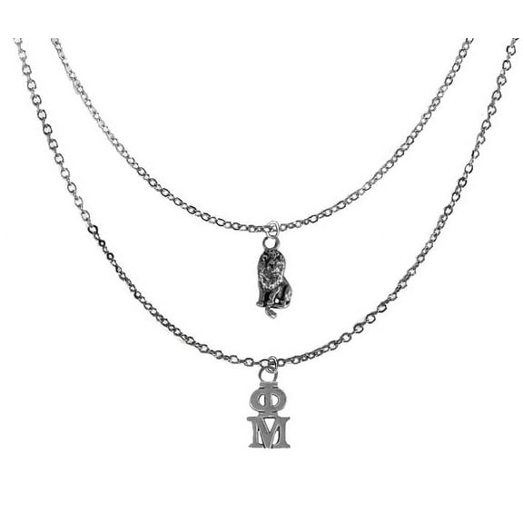 Phi Mu Sorority Jewelry, Adjustable Double Chain Silvertone Necklace. Greek Letters And Lion Mascot. Hypoallergenic-Safe,No Nickel,Lead,Or Cadmium In The Metal. Great Gift For Big/Little Sister