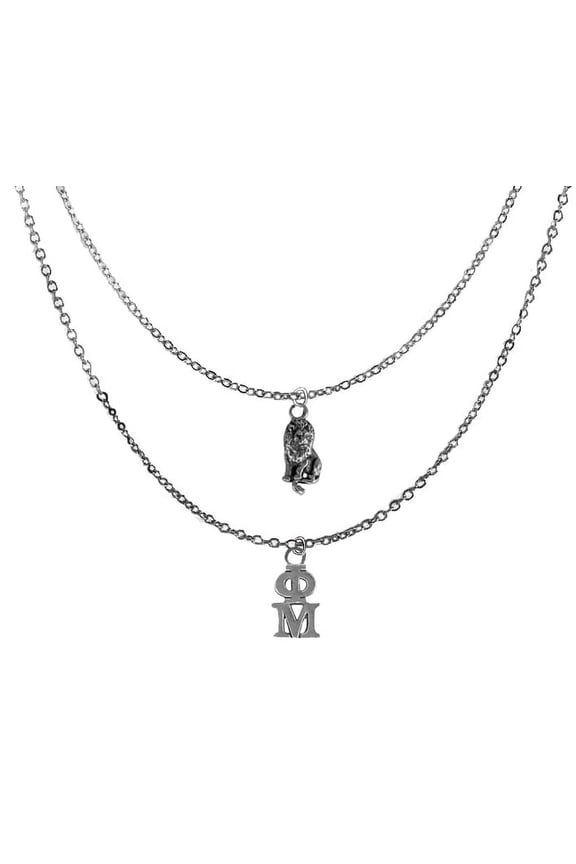 Phi Mu Sorority Jewelry, Adjustable Double Chain Silvertone Necklace. Greek Letters And Lion Mascot. Hypoallergenic-Safe,No Nickel,Lead,Or Cadmium In The Metal. Great Gift For Big/Little Sister