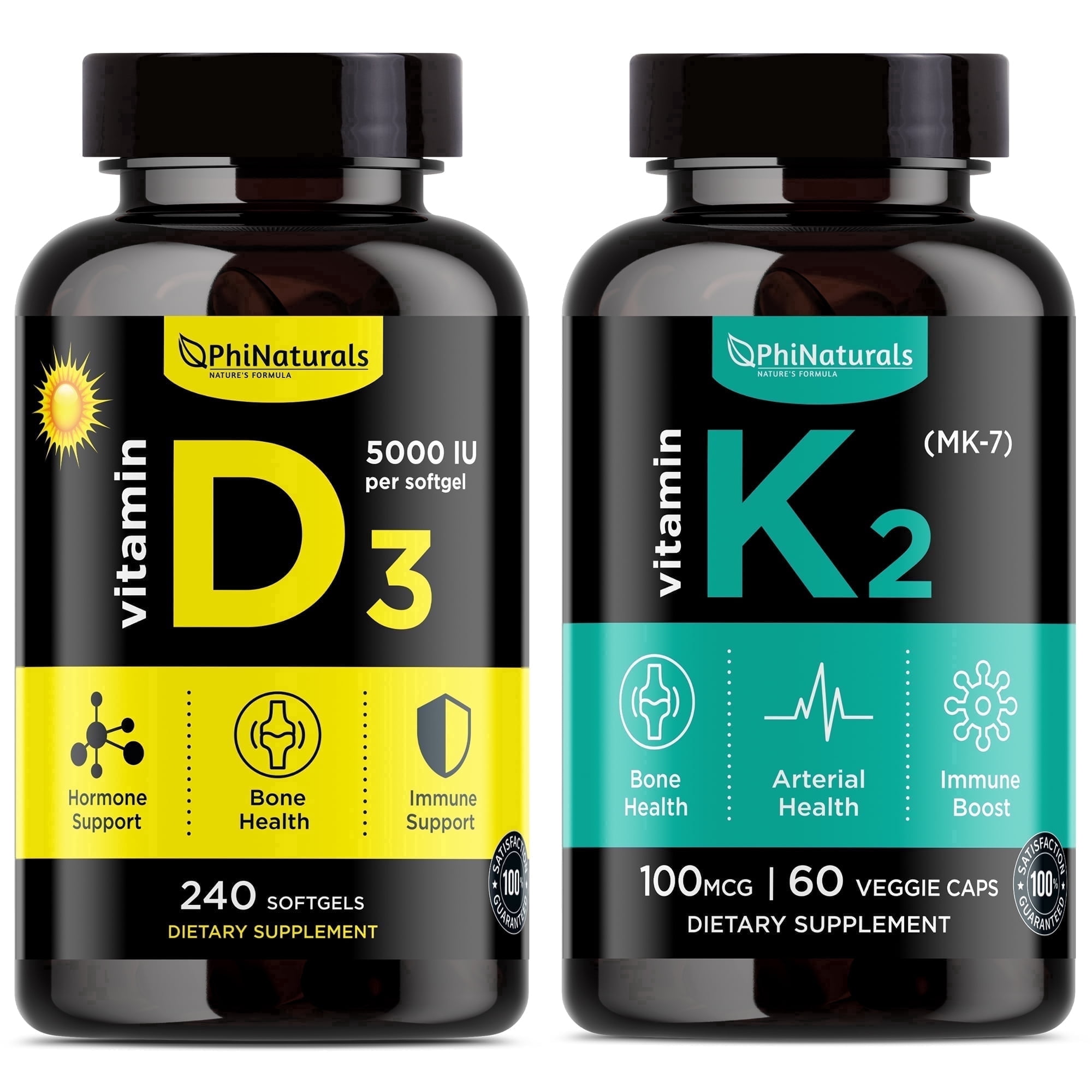 Phi Naturals Vitamin D3 + K2 MK7 Softgel Capsules Dietary Supplement | Bone, Heart & Immune Support | Non-GMO | Made in USA