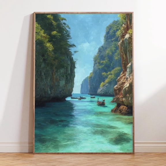 Phi Phi Islands Thailand Tropical Lagoon Seascape Wall Art, Unframed Canvas Size 8x12