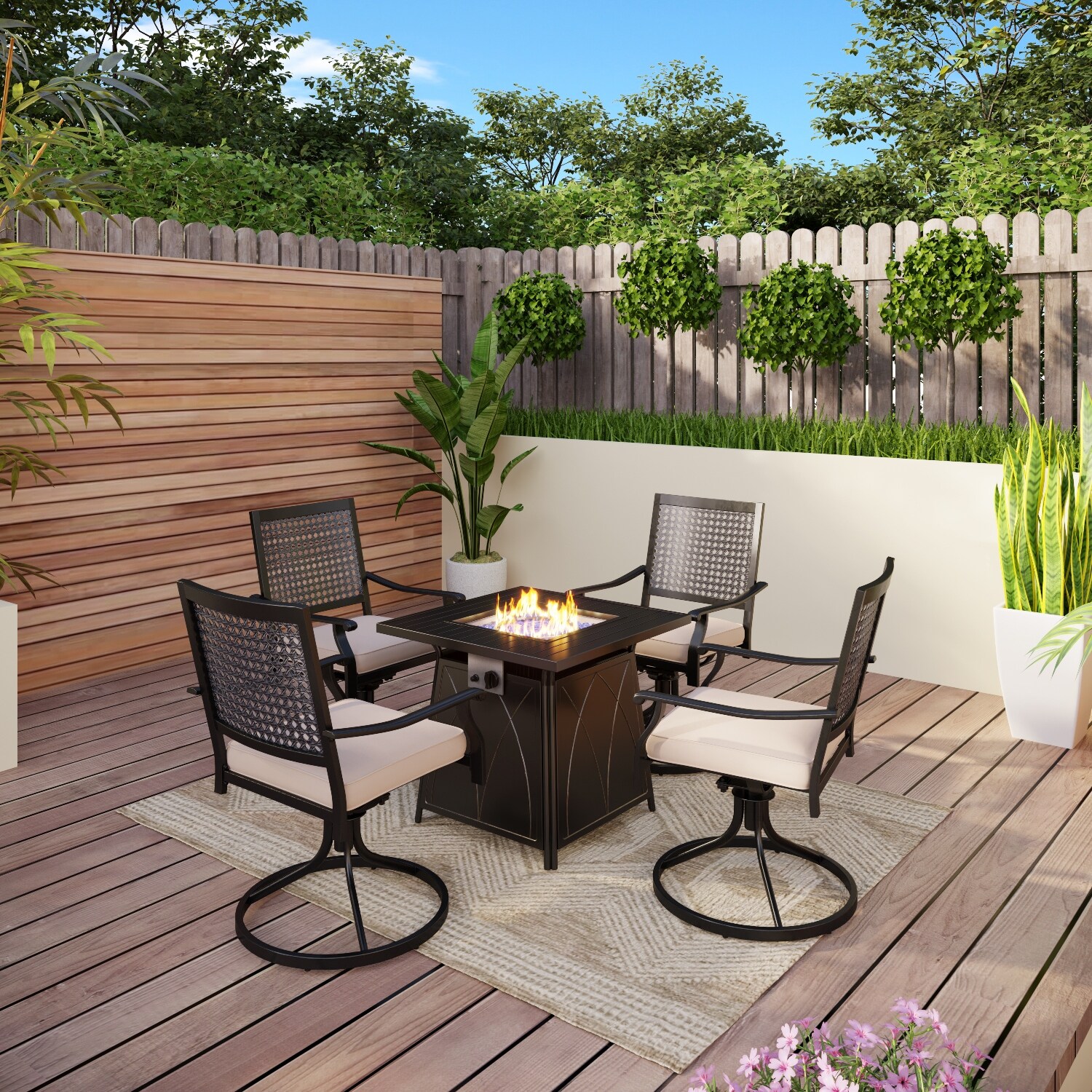 Phi Villa 5Piece Metal Ecoating Patio Dining Fire Pit Set of 4 Swivle