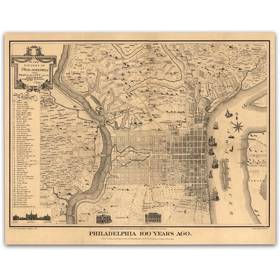 Philadelphia 100 Years Ago 1875 Vintage City Map 24x36 Framed Poster Ready to Hang Historic Pennsylvania Street Plan Antique Cartography Wall Art Classic Americana Decor for Home Office