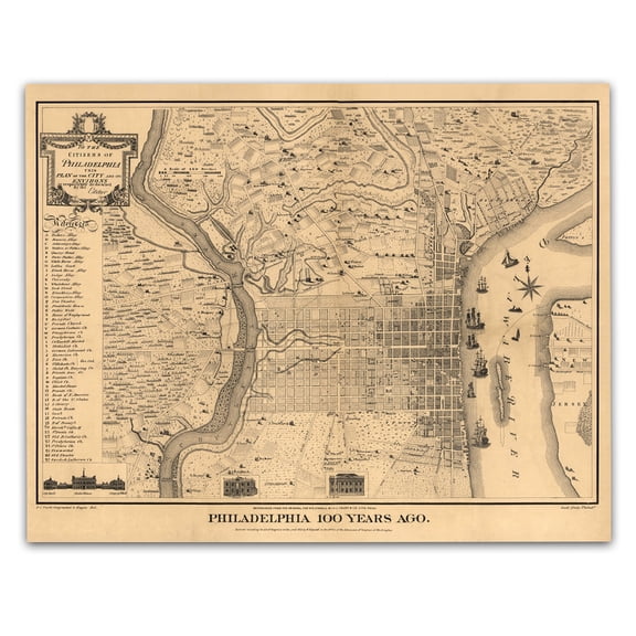 Philadelphia 100 Years Ago 1875 Vintage City Map 24x36 Unframed Poster Historic Pennsylvania Street Plan Antique Urban Cartography Wall Art Classic Americana Decor for Office Library Study
