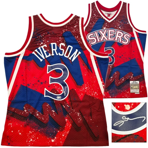 Philadelphia 76ers Allen Iverson Autographed Red Auth Mitchell & Ness 1996-97 HWC Swingman Hyper Hoops Jersey Size XL Beckett BAS Witness 253629
