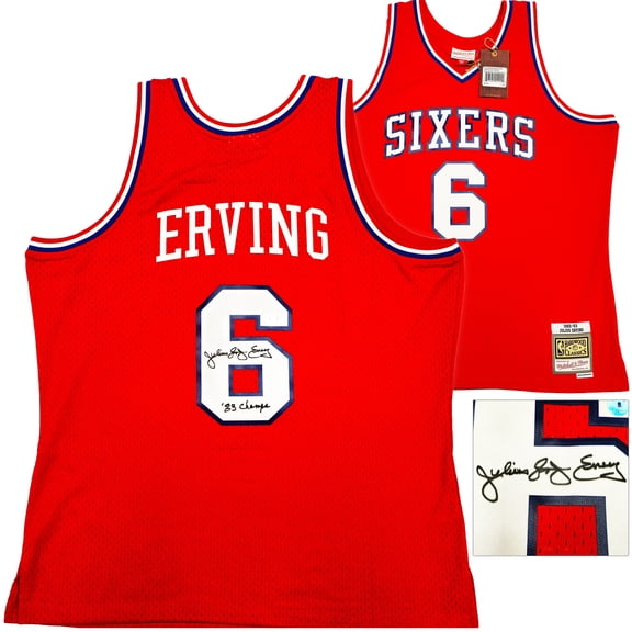 Philadelphia 76ers Julius "Dr. J" Erving Autographed Red Mitchell & Ness Hardwood Classics HWC Swingman 1982-83 Jersey Size XL "83 Champs" Beckett BAS Witness 230252