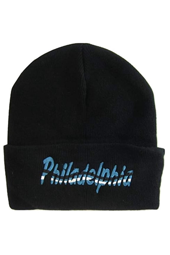 Philadelphia Adult Size Wavy Script Winter Knit Beanie Hat (Black)