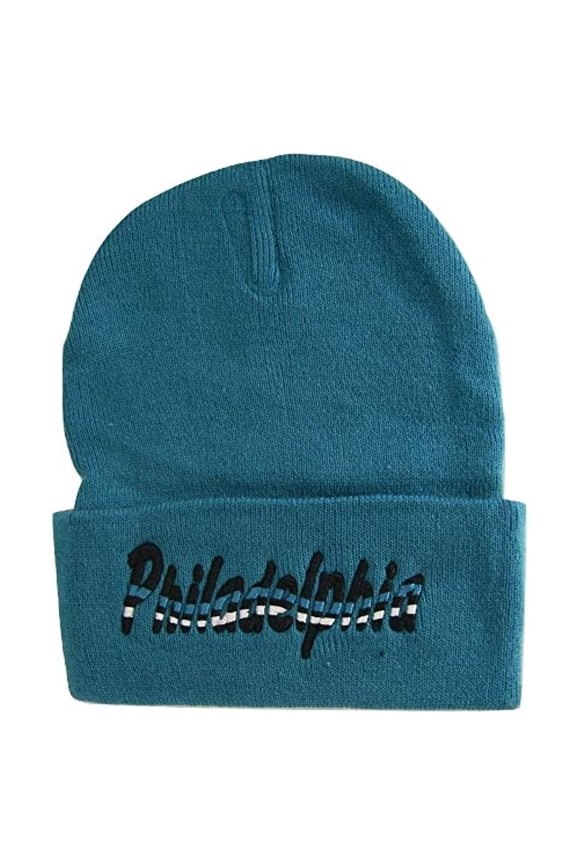 Philadelphia Adult Size Wavy Script Winter Knit Beanie Hat (Green)