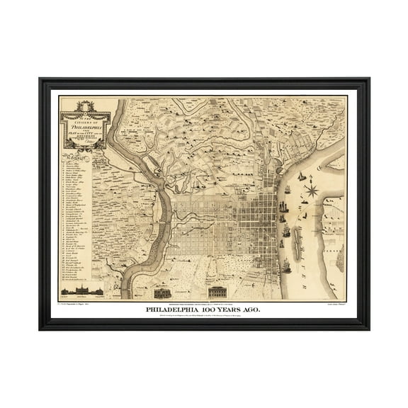 Philadelphia Art, 1875 Vintage Map of Philadelphia Pennsylvania, PA History Wall Decor Gift, Old Philadelphia Map - 24" x 18" Black Framed Print