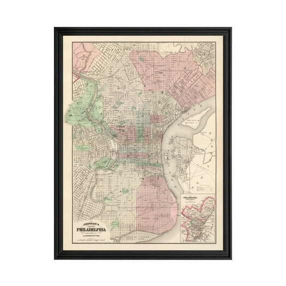 Philadelphia Art, 1886 Vintage Map of Philadelphia Pennsylvania, PA History Wall Decor Gift, Old Philadelphia Map - 24" x 36" Black Framed Print