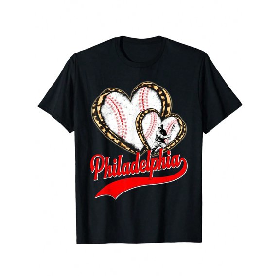 Philadelphia Baseball Heart Design T Shirt Men's Casual Cotton Short Sleeve Tee With Red Stitching Sports Fan Apparel Comfort Fit Black S XXXL