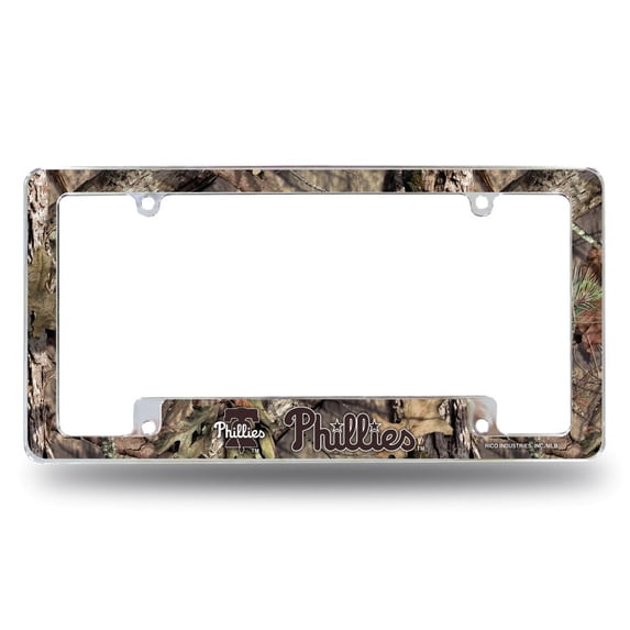 Philadelphia Baseball Phillies Chrome Metal License Plate Frame with Bold Mossy Oak Camouflaged Camo Design