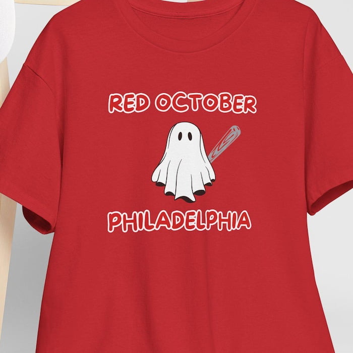 Philadelphia Baseball Red October T-Shirt, Ghost with Baseball Bat Tee, Philly Spooky Season Shirt, Fall Playoff Fan Tee, Philly Fan Shirts