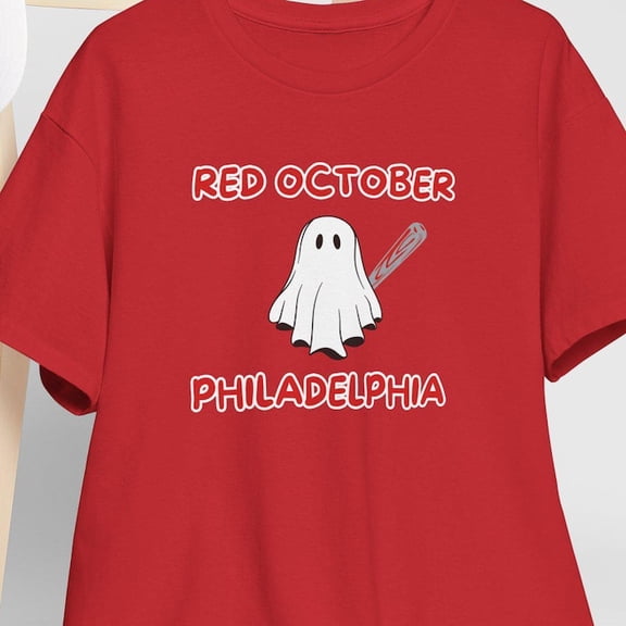 Philadelphia Baseball Red October T-Shirt, Ghost with Baseball Bat Tee, Philly Spooky Season Shirt, Fall Playoff Fan Tee, Philly Fan Shirts