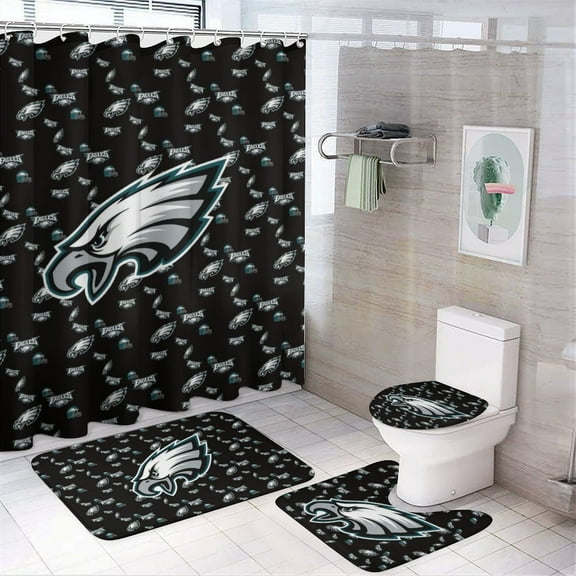 Philadelphia Bathroom 4 Pieces Set Shower Curtain, Toilet Lid Cover and Bath Mat, Non-Slip Rugs,Durable and Waterproof for Football Fans Bathroom Decor Set, 72" x 72"