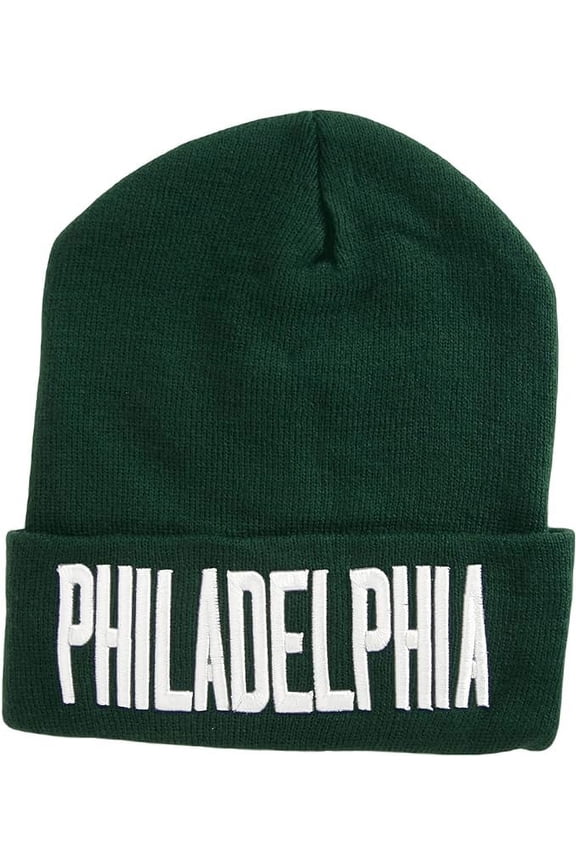 Philadelphia City Name Adult Size Winter Knit Cuffed Beanie Hat (Dark Green/White)
