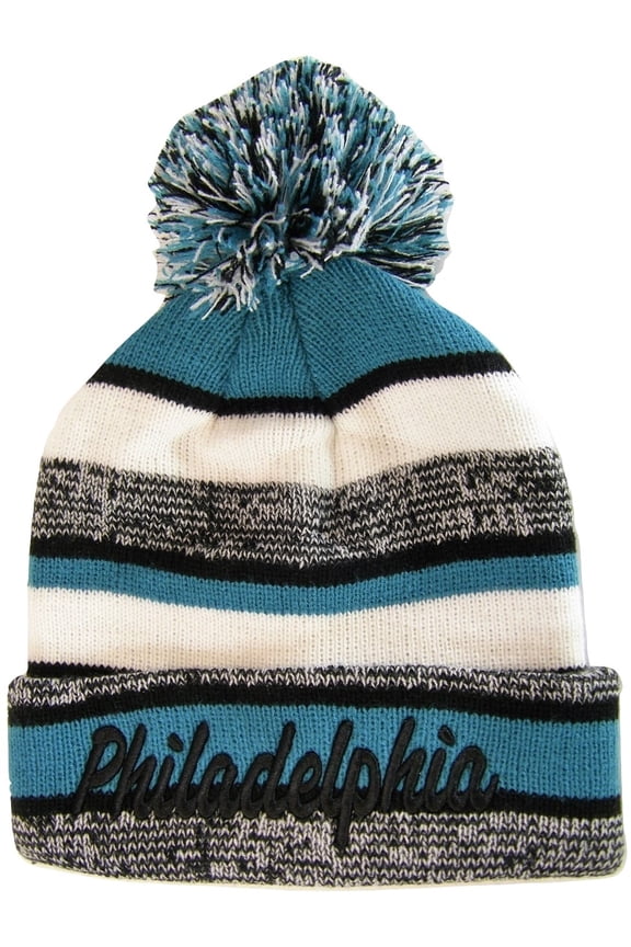 Philadelphia Embroidered Thick Winter Knit Pom Beanie Hat (Black Text)