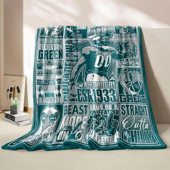 Philadelphia Fleece Blanket - Green Team-Themed Throw with Inspirational Phrases, Cozy 60"x50" Flannel Blanket for Sofa, Couch, or Bed, Perfect Gift for Fans
