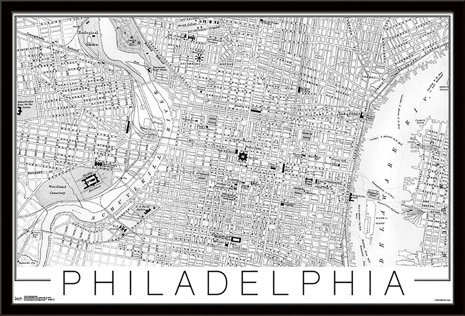 Philadelphia Map Wall Poster, 22.375" x 34", Framed