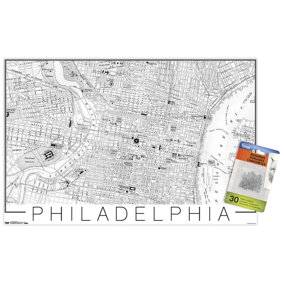 Philadelphia Map Wall Poster with Push Pins, 14.725" x 22.375"