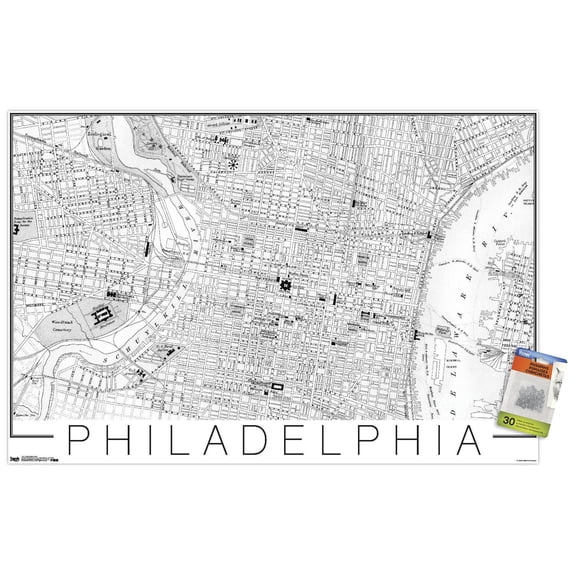 Philadelphia Map Wall Poster with Push Pins, 22.375" x 34"