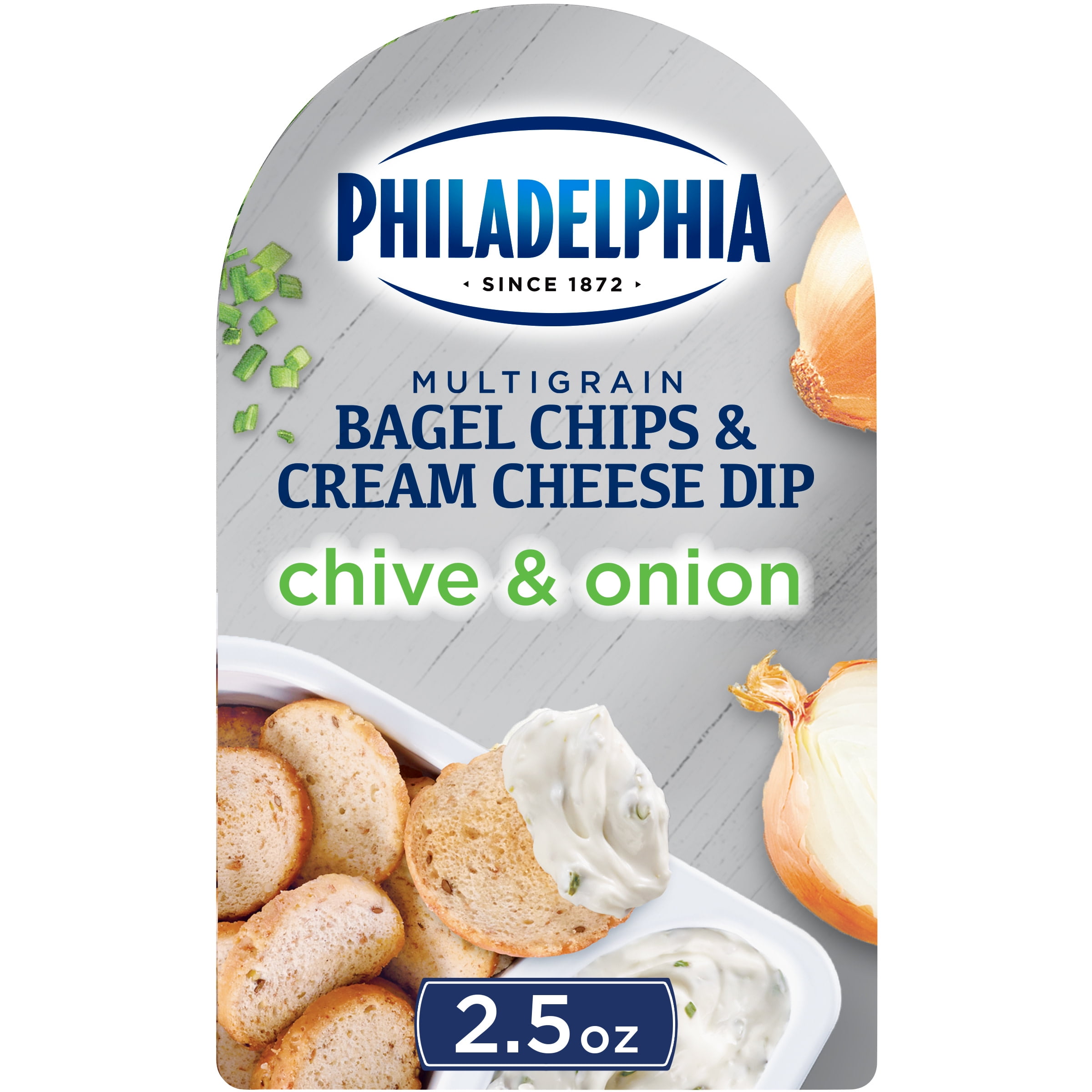 Philadelphia Multigrain Bagel Chips & Chive & Onion Cream Cheese Dip Snack, 2.5 oz Tray