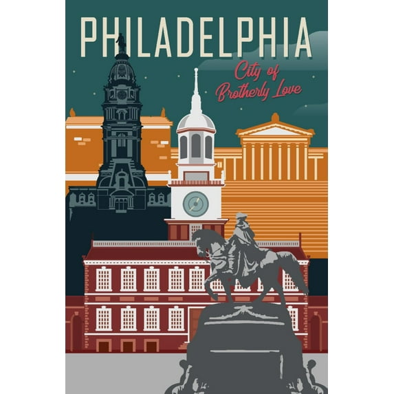 Philadelphia, Pennsylvania, City of Brotherly Love, Vector City (12x18 Wall Art Poster, Room Decor)