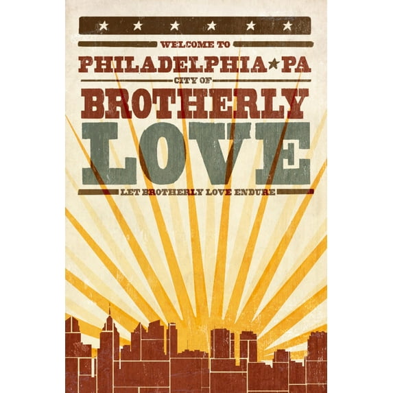 Philadelphia, Pennsylvania, Skyline and Sunburst Screenprint Style (9x12 Wall Art Print, Home Decor)