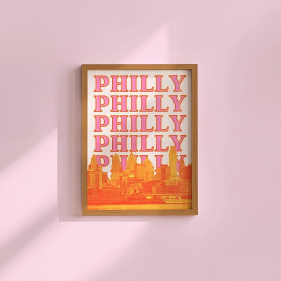 Philadelphia Print Pennsylvania Wall Art Philly City Skyline Retro Travel Print Orange And Pink Pa Artwork Girly Home Decor #699, Unframed Canvas Size 16x24