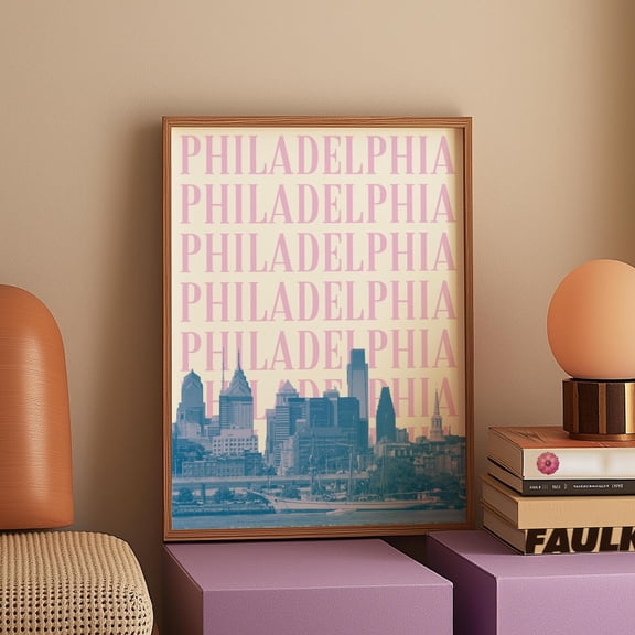 Philadelphia Print Philly Wall Art Pink Blue Philadelphia Skyline Girly Dorm Decor Preppy Philly Pa Artwork Home Decor #534, Unframed Poster Size 8x12