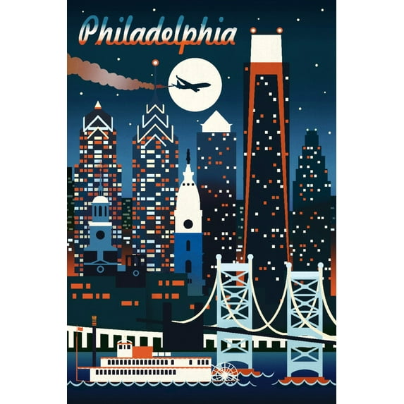 Philadelphia, Retro Skyline Chromatic Series (16x24 Giclee Gallery Art Print, Vivid Textured Wall Decor)