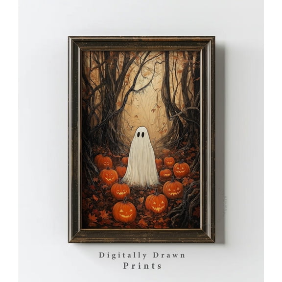 Moody Ghost Halloween Wall Art, Autumn Landscape Vintage, Spooky Fall Cottage, Seasonal Living Room And Home Decor