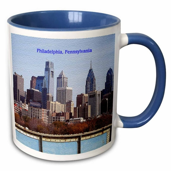 3drose, Philadelphia Skyline (textured), 11oz Two-tone Blue Mug