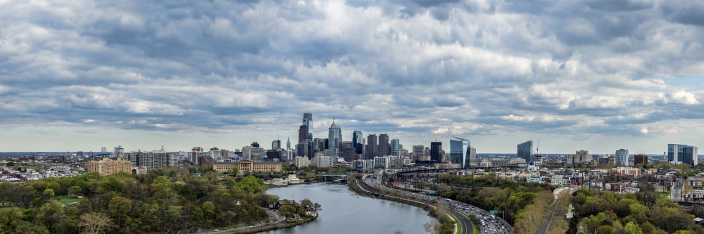 Philadelphia Skyline at waterfront Schuylkill River Pennsylvania USA Canvas Art - Panoramic Images (27 x 9)