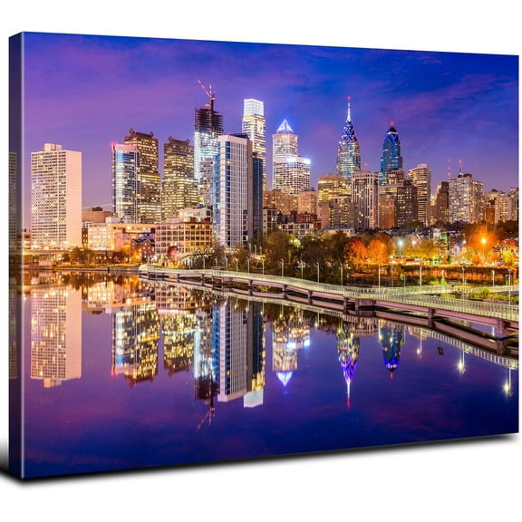 Philadelphia Wall Art Schuylkill River Wall Decor for Living Room USA City Night Skyline Photo Prints Canvas Modern Skyscraper Panoramic Picture Cityscape Artwork Bedroom Office Home Decoration 12x16"